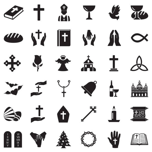 Christianity Icons. Black Flat Design. Vector Illustration. Bible, Holly, Crist christian fish clip art stock illustrations