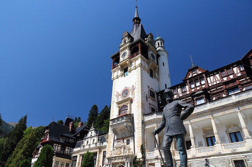 Peles Castle in Sinaia, Romania. The castle was completed in 1914. It is ranked no. 1 tourism attraction in Southern Romania by Tripadvisor.