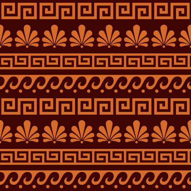 griechische antike nahtlose vektor-muster-set - floral und geometrische sich wiederholende ornament, schlüsselmuster in braun und orange - classical greek greek culture roman greece stock-grafiken, -clipart, -cartoons und -symbole