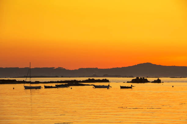 Anchored boats in Arousa estuary at golden dusk with Rua island lighthouse lighting