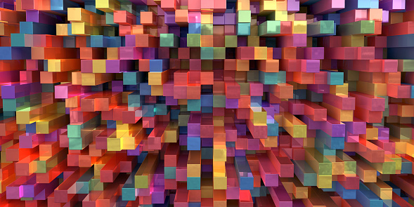 An abstract image of a many pastel coloured metallic square prisms stacked in a grid and randomly extended forwards.