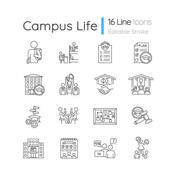 ilustraciones, imágenes clip art, dibujos animados e iconos de stock de conjunto de iconos lineales perfectos de píxeles de la vida del campus - major