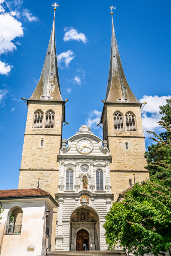 Vertical view of the court Church of St. Leodegar in Lucerne Switzerland
