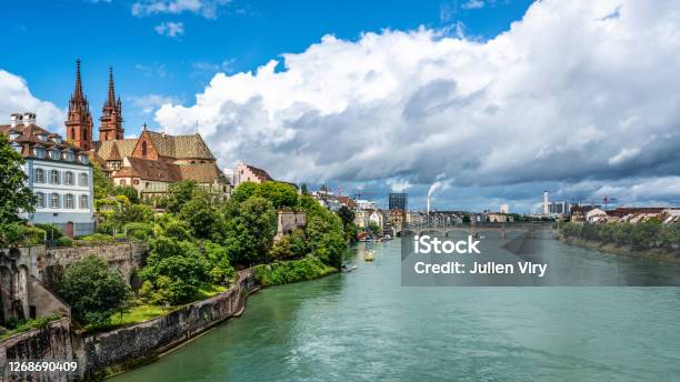 Basel Panoramic Cityscape With Rhine River View Colourful Old Town And Industrial Buildings In The Distance In Basel Switzerland Stock Photo - Download Image Now