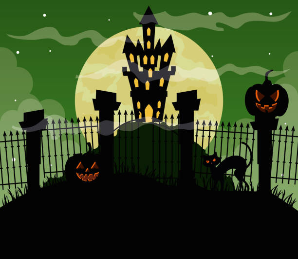 istock happy halloween background with castle haunted and pumpkins 1268691163