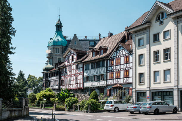 View of beautiful historical houses in swiss town Arbon Arbon, Switzerland - August 10, 2020: View of beautiful historical half-timbered houses in small city Arbon in Canton Thurgau, Switzerland near Bodensee. Sunny august day aargau canton photos stock pictures, royalty-free photos & images
