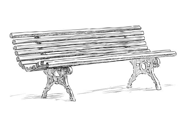Freehand drawing of old wooden park bench Sketch of old wooden bench in stands urban garden. black and white bench stock illustrations