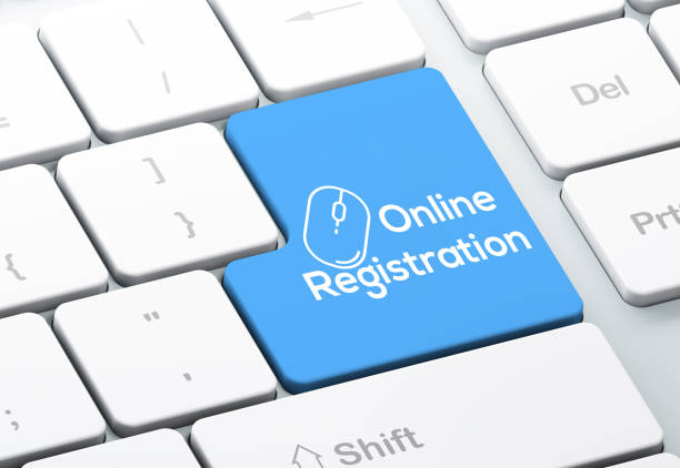 teclado moderno con botón de registro en línea azul - voter registration fotografías e imágenes de stock