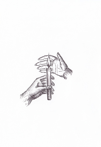 Two human hands holding a burning candle. Hand drawn ink sketch illustration