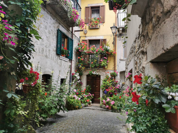 Rural homes decorated with potted flowers in the historical centre of Pescasseroli. Province of l'Aquila. Abruzzo. Italy.