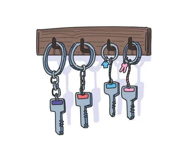 Vector illustration of Family with two children represented by their home keys in a casual setting. Everyday life and conceptual representation of a family.