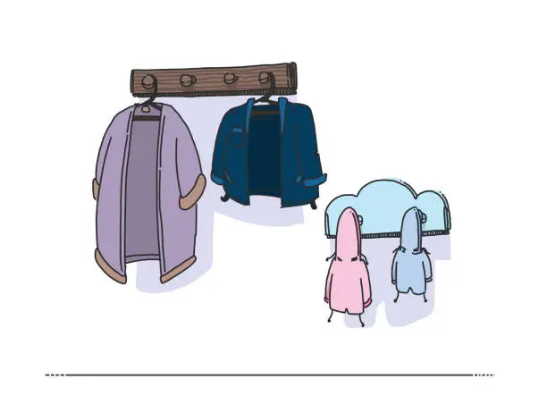 Vector illustration of Family with two children represented by their coat hanging in the entranceway in a casual setting. Everyday life and conceptual representation of a family.
