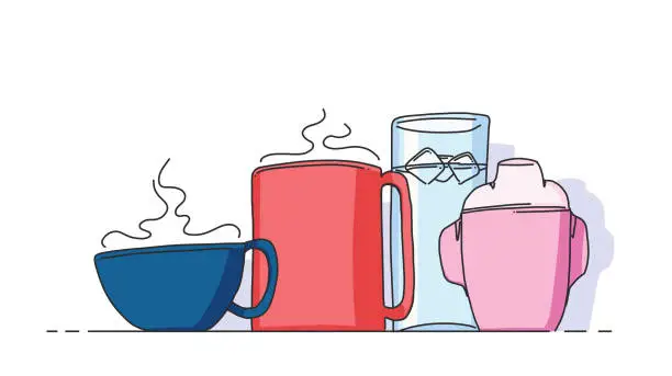 Vector illustration of Family with two children represented by their drinks and cups in a casual setting. Everyday life and conceptual representation of a family.
