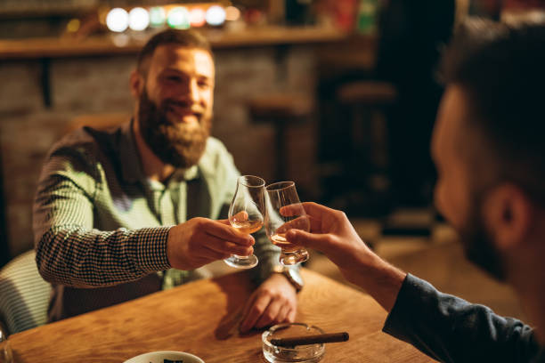 Handsome bearded men drinking whiskey Two Handsome bearded Caucasian elegant men drinking whiskey together in a bar. brandy photos stock pictures, royalty-free photos & images