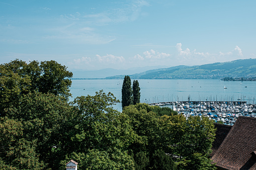 View of Marina in small city Arbon in Canton Thurgau, Switzerland. Travel destination on Bodensee in Europe. Sunny august day.