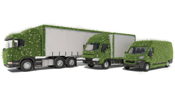 istock Trucks and a Delivery Van Covered with Grass and Daisies on White Background 1268696763