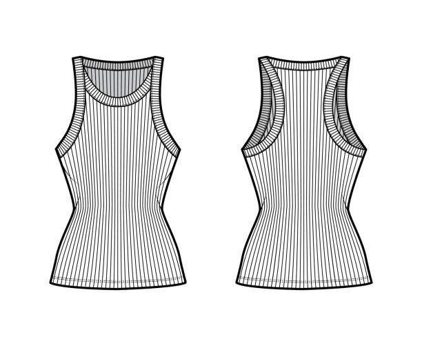 illustrations, cliparts, dessins animés et icônes de illustration technique de mode de réservoir de coton-jersey de coureur côtelé avec le cou large de scoop, corps ajusté de tricot, longueur de tunique - tank top illustrations