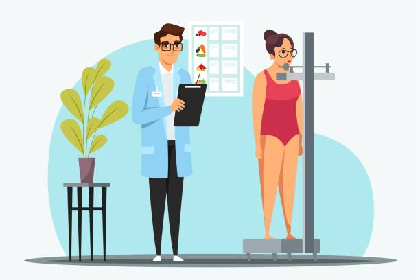 Nutritionist measure patient weight on medical scales Nutritionist measure patient weight on medical scales. Woman client at appointment with dietician in clinic. Vector character illustration of weight loss strategy, body mass index, healthy lifestyle healthy weight stock illustrations