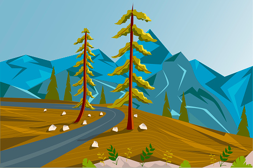 Summer landscape. Mountain road, two trees and a mountain view from above. Vector illustration
