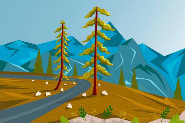 Vector illustration of Summer landscape. Mountain road, two trees and a mountain view from above. Vector illustration