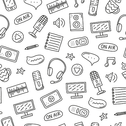 Black and white seamless pattern doodle outline podcast icons including smartphone, tablet, headphones, microphone, voice recorder, play button, loudspeaker, speech bubble.