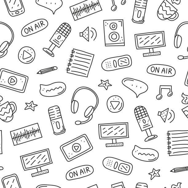 Seamless pattern with podcast icons. Black and white seamless pattern doodle outline podcast icons including smartphone, tablet, headphones, microphone, voice recorder, play button, loudspeaker, speech bubble. movie patterns stock illustrations