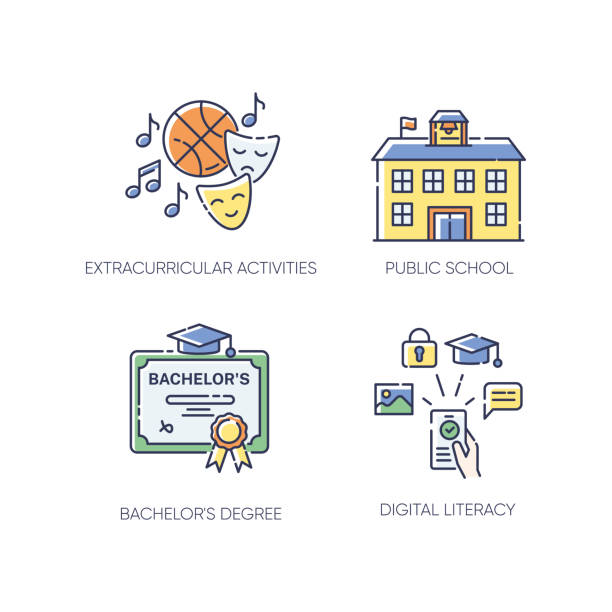 Public school education RGB color icons set Public school education RGB color icons set. Extracurricular activities, bachelor degree and digital literacy. Diploma and e learning. Isolated vector illustrations bachelor's degree stock illustrations