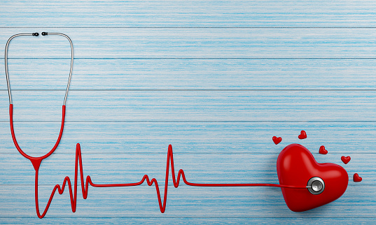 Medical stethoscope and Heart pulse red On the blue plank floor. Small and large red heart shaped models. 3D Rendering.