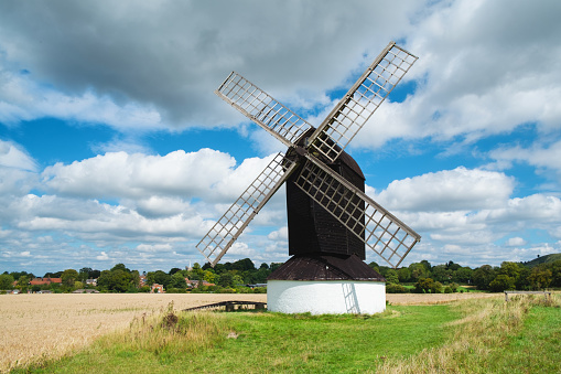 The sun shines down on Pitstone Windmill in Buckinghamshire, south east England.