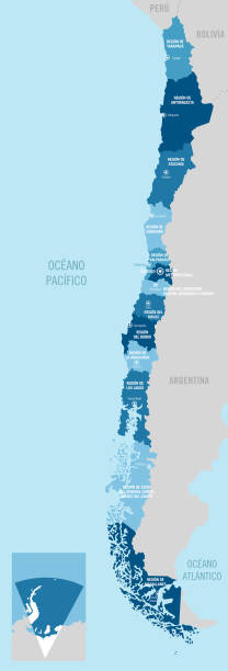 Chile country detailed political vector map Chile country detailed political vector map with isolated regions, provinces, departments and capitals, easy to ungroup. Includes Antarctic territories. chile map stock illustrations