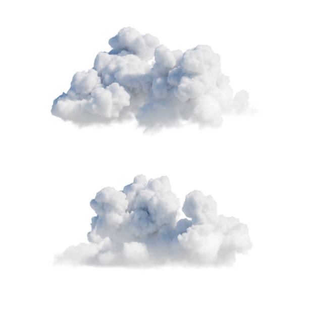renderizado 3d. formas de nubes blancas abstractas, imágenes prediseñadas aisladas sobre fondo blanco. cumulus diferentes vistas de perspectiva. - cotton cloud cloudscape cumulus cloud fotografías e imágenes de stock