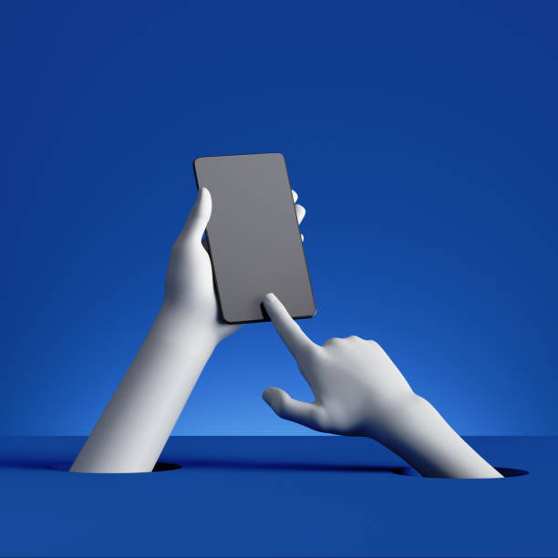 istock 3d render white mannequin hands hold abstract black smart phone, modern gadget. Blank mockup. Electronic device isolated on blue background. Wireless touchscreen technology concept 1268710392