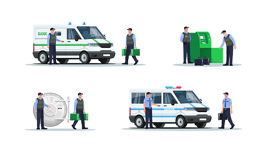 Bank security work semi flat RGB color vector illustration set. Guards in bulletproof vests. Police officers for money protection isolated cartoon character on white background collection