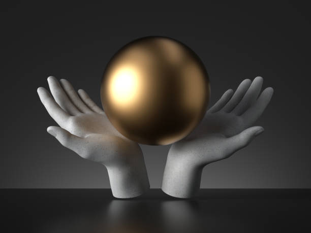 istock 3d render mannequin hands holding golden ball, magical trick, palmistry metaphor, isolated on black background, modern minimal concept, simple clean design. Human limb prosthesis. Sculpture art object 1268711044