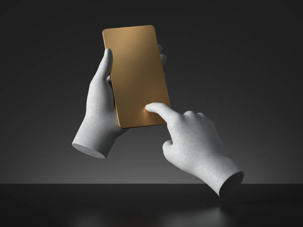 3d render concrete mannequin hands hold golden card, electronic device smart phone, isolated on black background. Minimal premium design. Body parts. Remote control. Futuristic gadget blank mockup