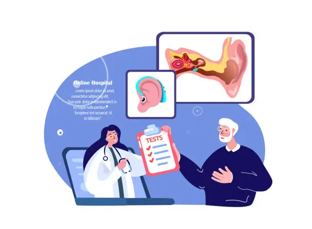 Vector illustration of Online Audiologist ENT-Doctor Consultate Old Pensioner Man Patient.Deaf-Aid,Aerophone,Otitic Hearing Aid,Digital Eardrum Treatment.ORL Clinic. Internet Medical Hospital Diagnostics.Vector Illustration