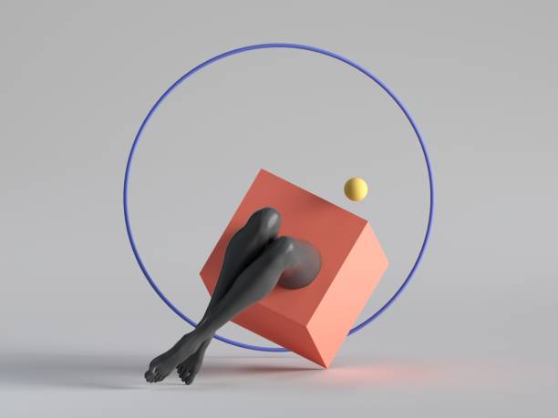 istock 3d render, abstract surreal contemporary art. Primitive colorful geometric shapes: red square box, cube, black sitting legs isolated on white background. Modern fashion design, funny freak show 1268711885