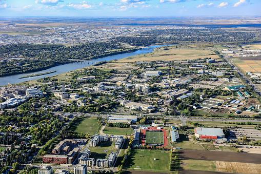 Aerial view of the University of Saskatchewan area of Saskatoon.  Aug 7, 2016