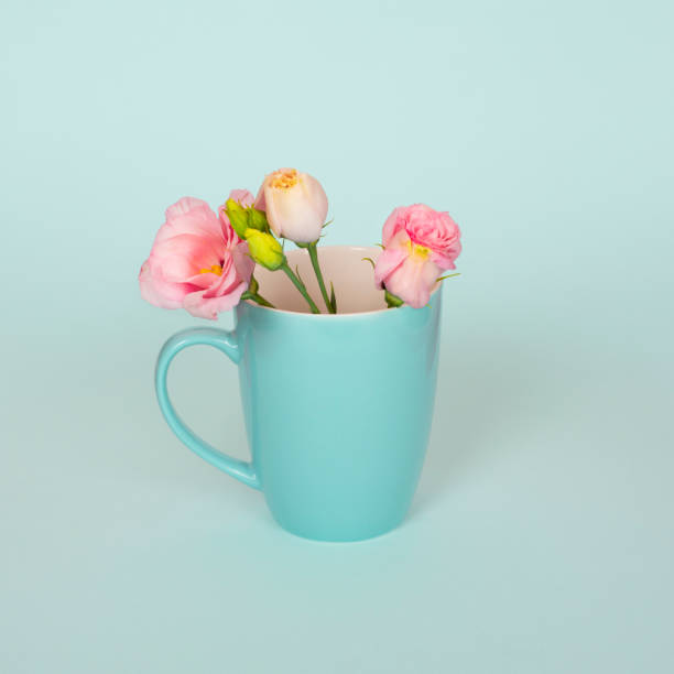 istock Creative concept made of coffee or tea cup with tender pink Eustoma flowers. 1268713114