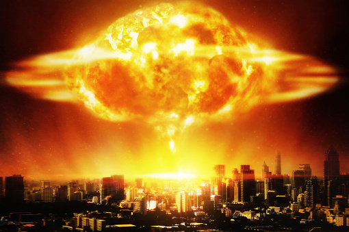 Huge nuclear explosion over a modern city. Concepts of catastrophe or modern warfare.