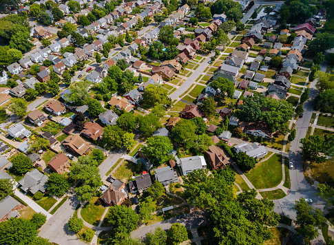 Wide panorama, aerial view with tall buildings, in the beautiful residential quarters Parma OH USA