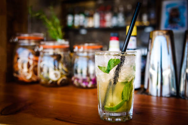 Cold Mojito cocktail in a beach bar. Summer holiday concept. Relaxation in the summer.