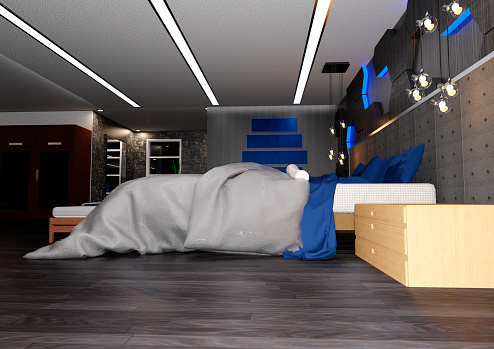 3D rendering of a hotel bedroom interior