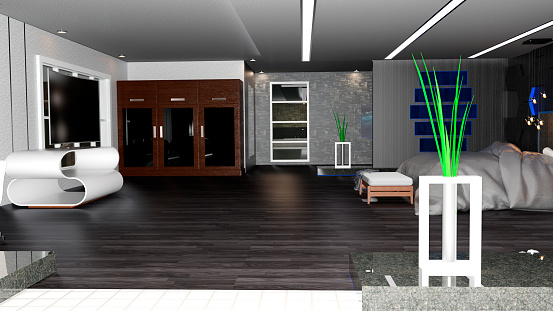 3D rendering of a luxury hotel bedroom interior