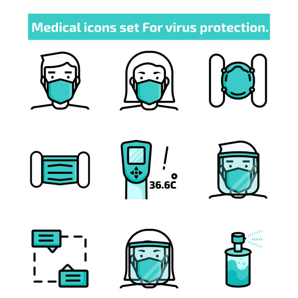 Icon set for virus protection, black line and paint, medical protective clothing like mask, alcohol gel, thermometer,face shield. Icon set for virus protection, black line and paint, medical protective clothing like mask, alcohol gel, thermometer,face shield. 64x64 pixel perfect. black face paint stock illustrations