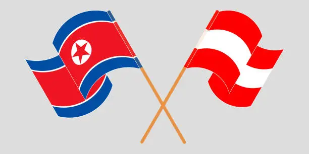 Vector illustration of Crossed and waving flags of North Korea and Austria