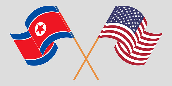 Crossed and waving flags of North Korea and the USA. Vector illustration