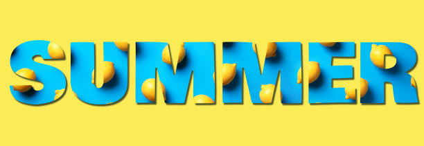 istock Inscription Summer made with lemons on blue paper background. Top view. Food pattern. Text for your design. Summer concept. Vegan and vegetarian diet. Banner 1268721492