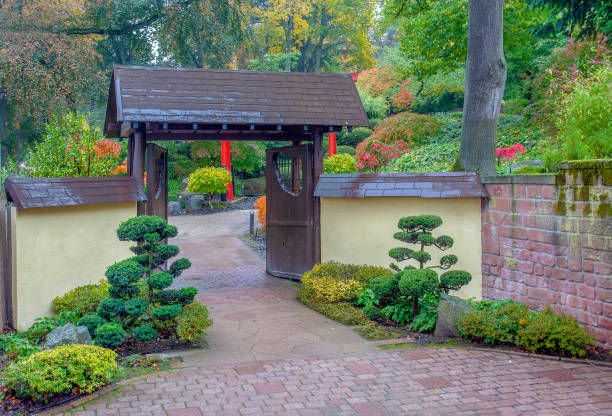 eingang im japanischen garten in kauserslautern, deutschland. eingang im japanischen garten in kauserslautern, deutschland. - kaiserslautern stock-fotos und bilder