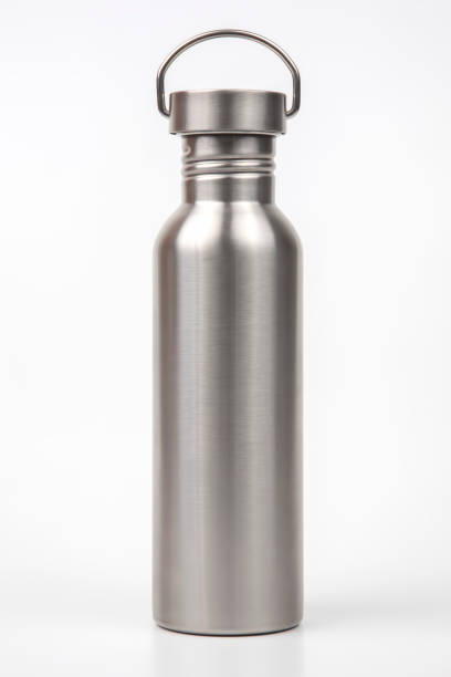 istock metal steel water flasks on white background. metal drinking utensils 1268723329